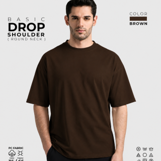 Basic Drop Shoulder Round Neck T-Shirt – Brown