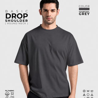 Charcoal Gray Drop Shoulder Round Neck T-Shirt